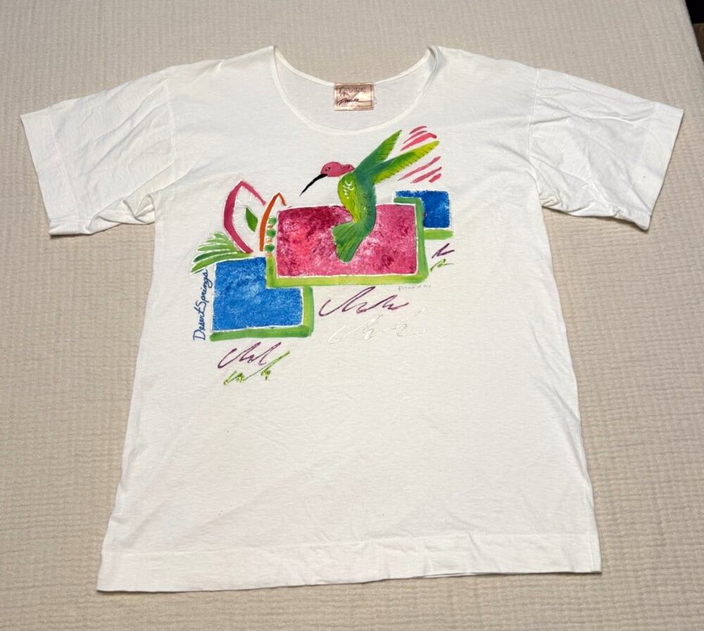 Hand-Painted by Paula Hummingbird Cotton Tee Art to Wear Maximalist Dopamine